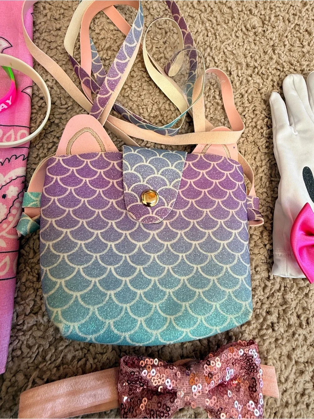 Little Girl Accessory Bundle | Mermaid Bag, Bow Headband, Gloves, Bandana